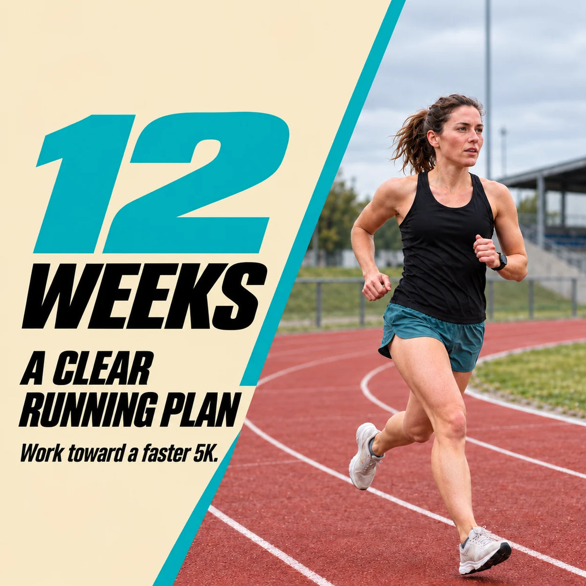 Woman running on a red track beside text highlighting a clear running plan over 12 weeks to work toward a faster 5K.