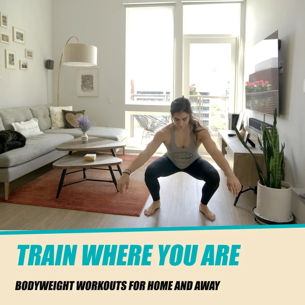 100 Fun Travel Workouts. Train where you are. Living-room bodyweight squat