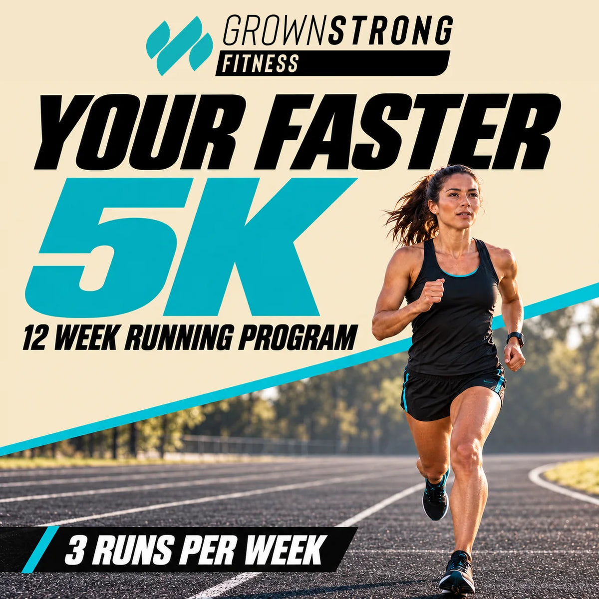Your Faster 5K program cover featuring a woman running on a track. Includes 12 weeks of training with three runs per week.