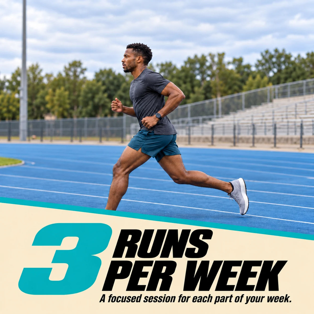 Man running on a blue track beside text highlighting three running sessions per week.