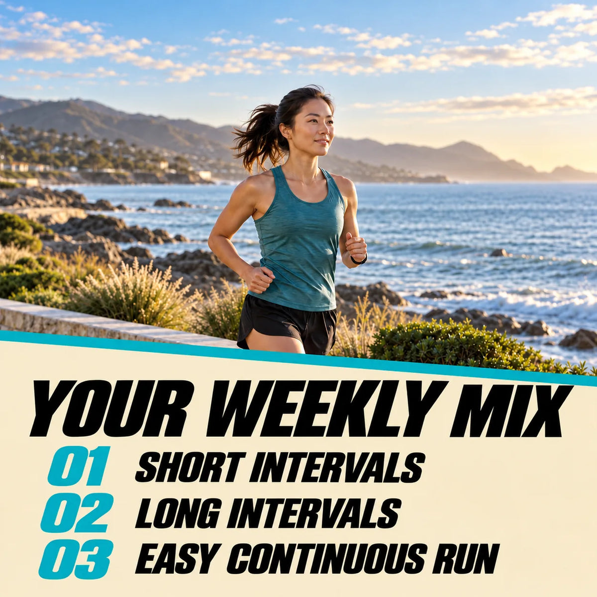 Woman running by the coast beside a weekly training breakdown of short intervals, long intervals, and an easy continuous run.