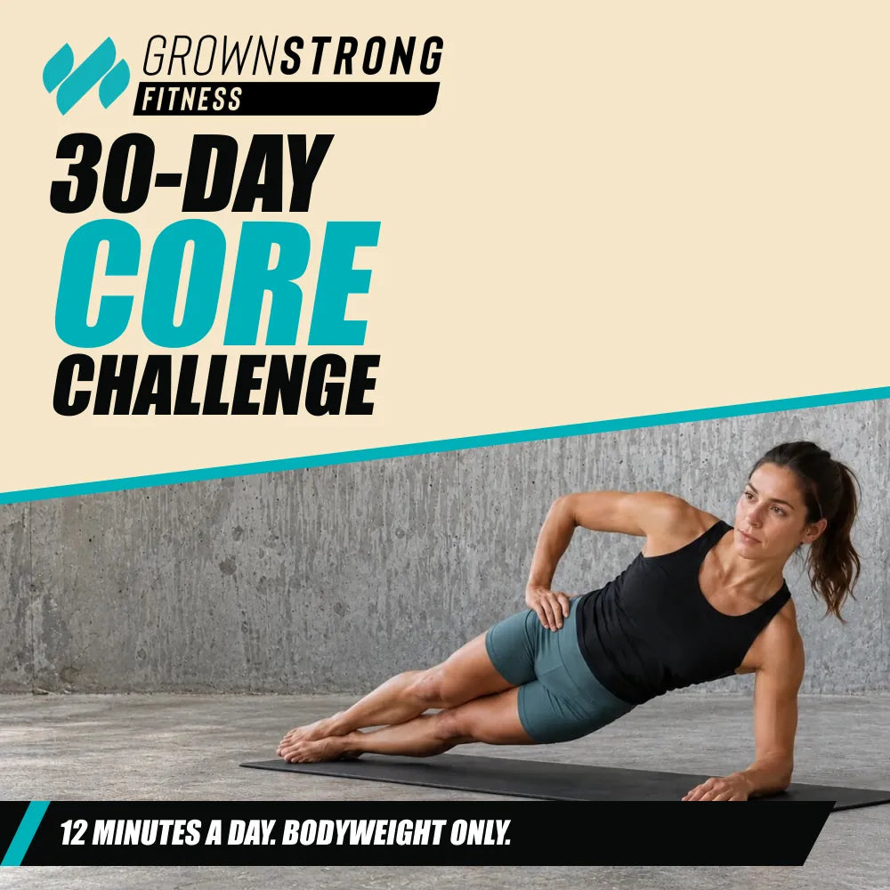30-Day Core Challenge. Side plank with matching concrete background. 12 MINUTES A DAY. BODYWEIGHT ONLY..