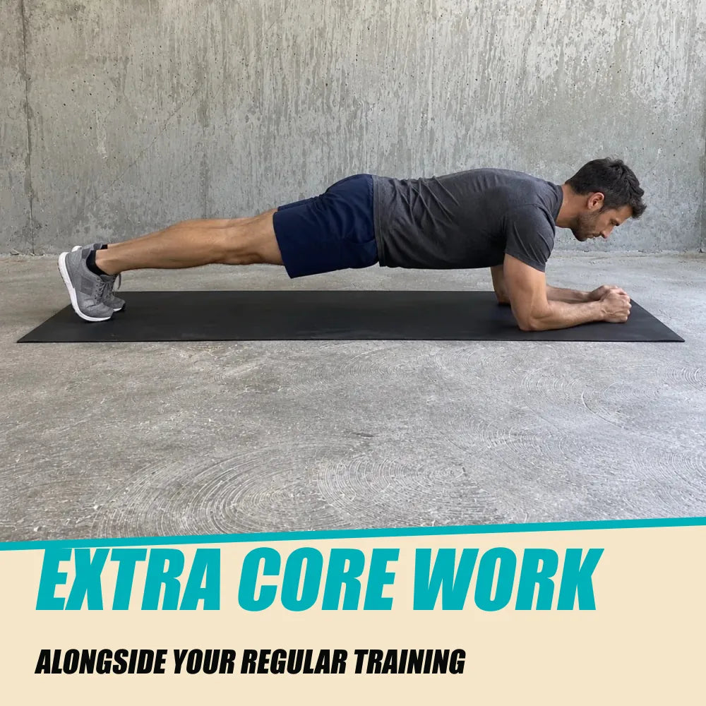 30-Day Core Challenge. Man holding a forearm plank. EXTRA CORE WORK. ALONGSIDE YOUR REGULAR TRAINING.