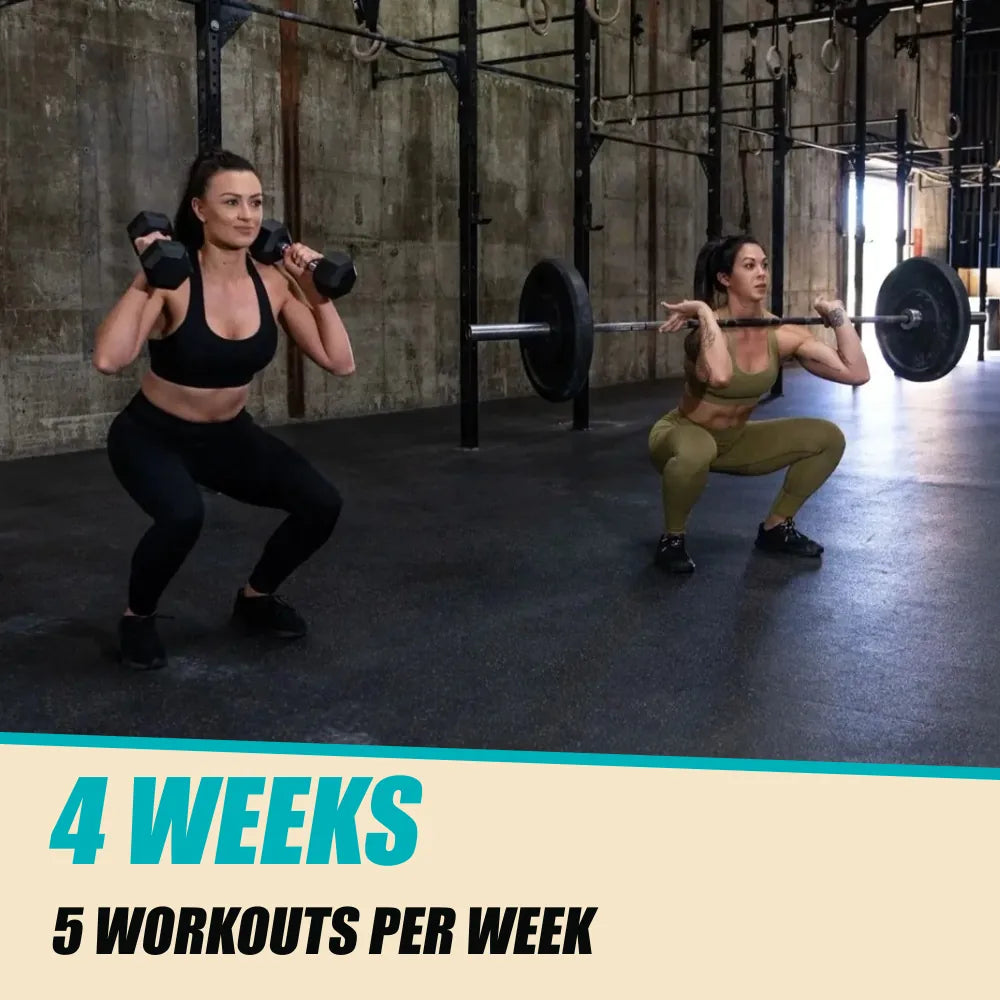 Grown Strong Kickstart. Dumbbell and barbell squats. 4 WEEKS. 5 WORKOUTS PER WEEK.