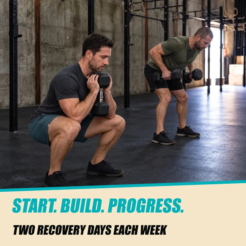 Grown Strong Kickstart. Two men training in the industrial gym. START. BUILD. PROGRESS.. TWO RECOVERY DAYS EACH WEEK.