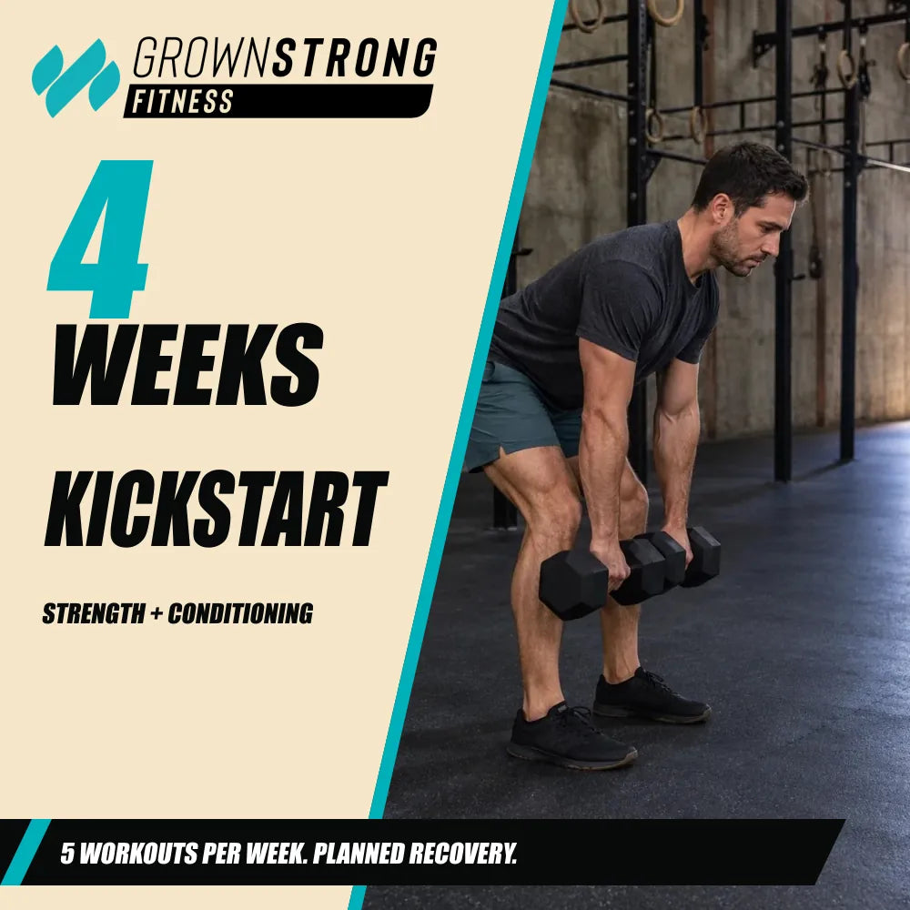 Grown Strong Kickstart. Man performing a dumbbell hinge. 5 WORKOUTS PER WEEK. PLANNED RECOVERY..