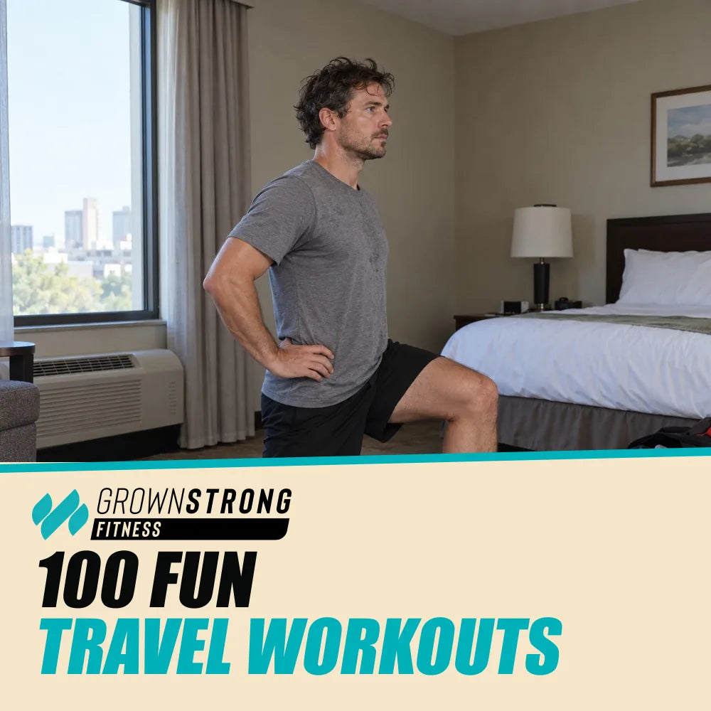 100 Fun Travel Workouts. Cover showing hotel-room bodyweight lunge