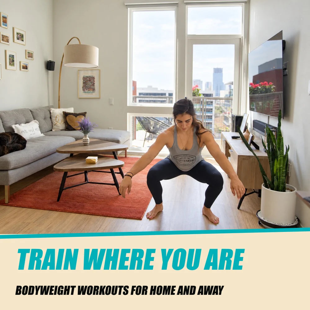 100 Fun Travel Workouts. Train where you are. Living-room bodyweight squat